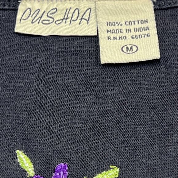 Pushpa TShirt Dress Women M Black Embroidered Beaded Flamingo Palm Tree Vacation - Picture 8 of 8